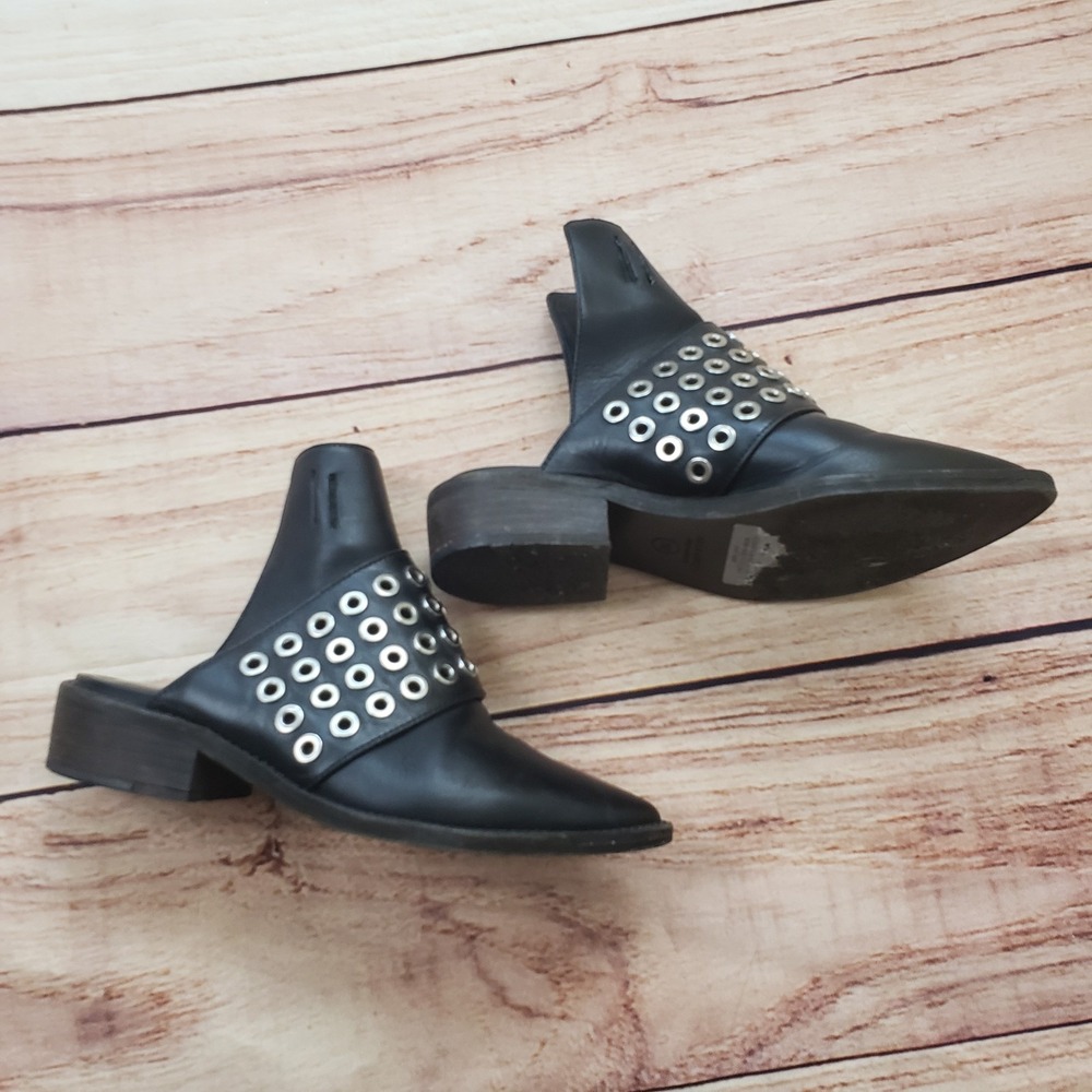 AllSaints Shoes Womens Size 36 Black Studded Mule Block Heel Leather Brazil